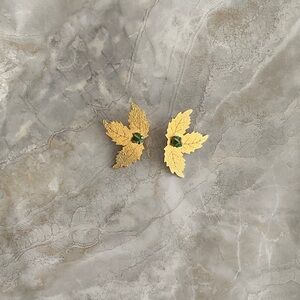 Gold Leaf Earrings with Green Accent